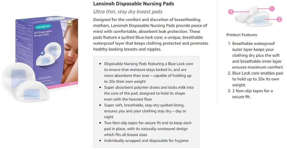 Lansinoh Breast Pads 60 Disposable Nursing *New Blue Lock Feature* - Best  price